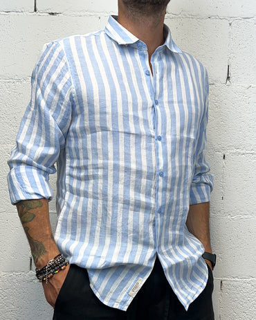 Camicia Lino GIANNI LUPO rigata Celeste
