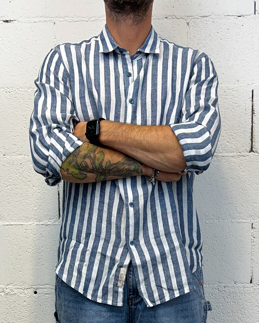 Camicia Lino GIANNI LUPO rigata Blue