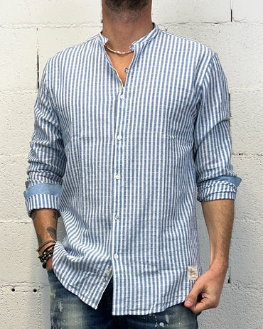 Camicia Cotone/Lino Coreana OVER-D Riga Blu