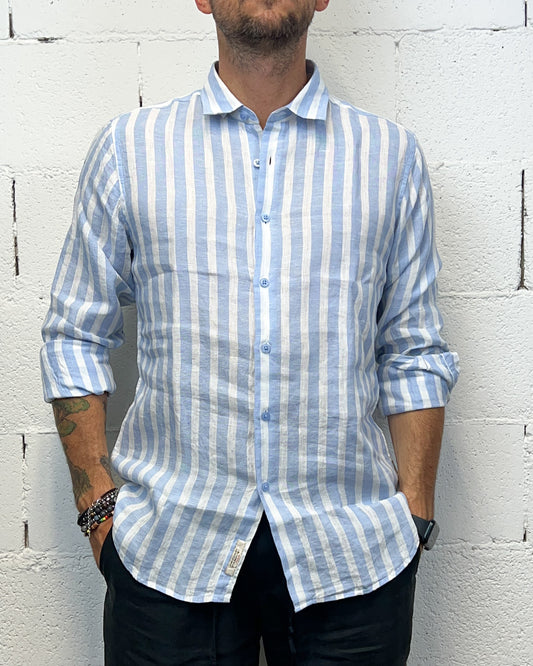 Camicia Lino GIANNI LUPO rigata Celeste
