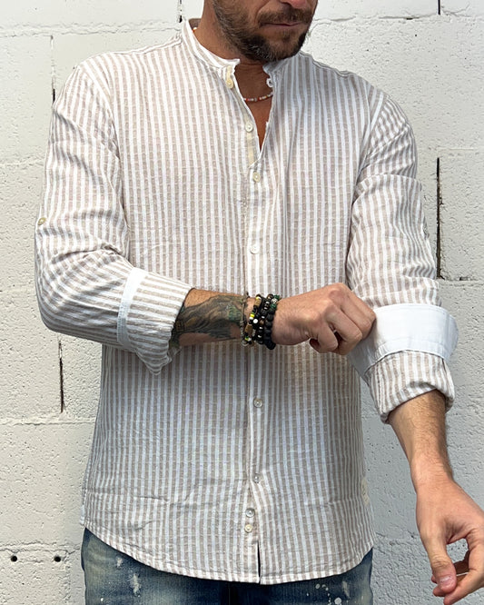 Camicia Cotone/Lino Coreana OVER-D Riga Beige