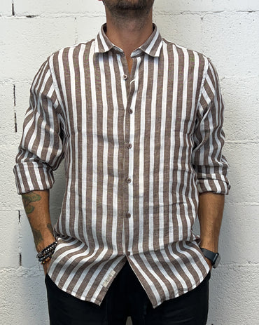 Camicia Lino GIANNI LUPO rigata Marrone