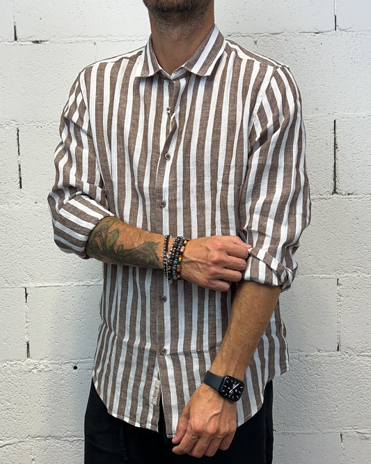 Camicia Lino GIANNI LUPO rigata Marrone