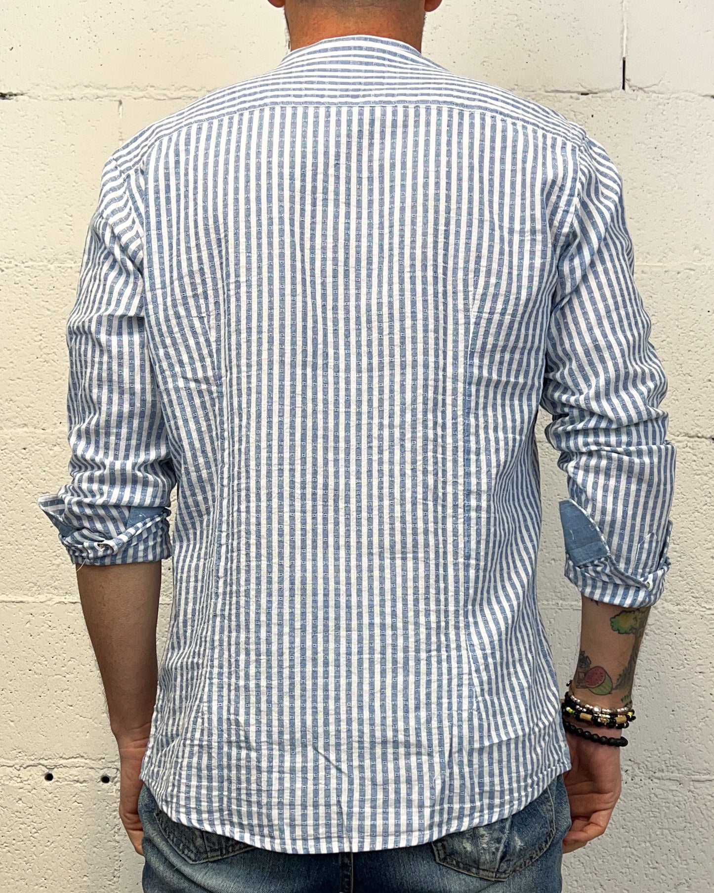 Camicia Cotone/Lino Coreana OVER-D Riga Blu