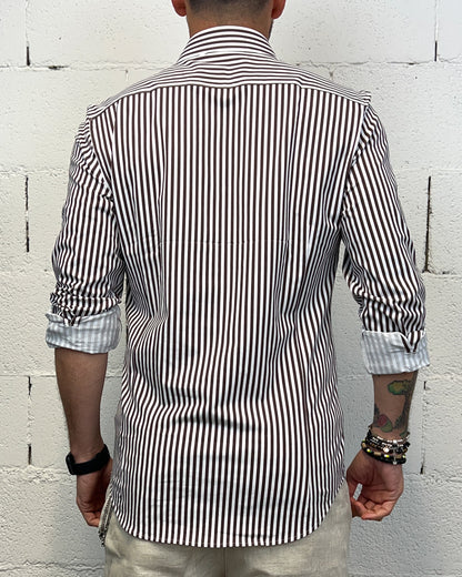 Camicia Cotone Elasticizzato GIANNI LUPO Rigata Coffee