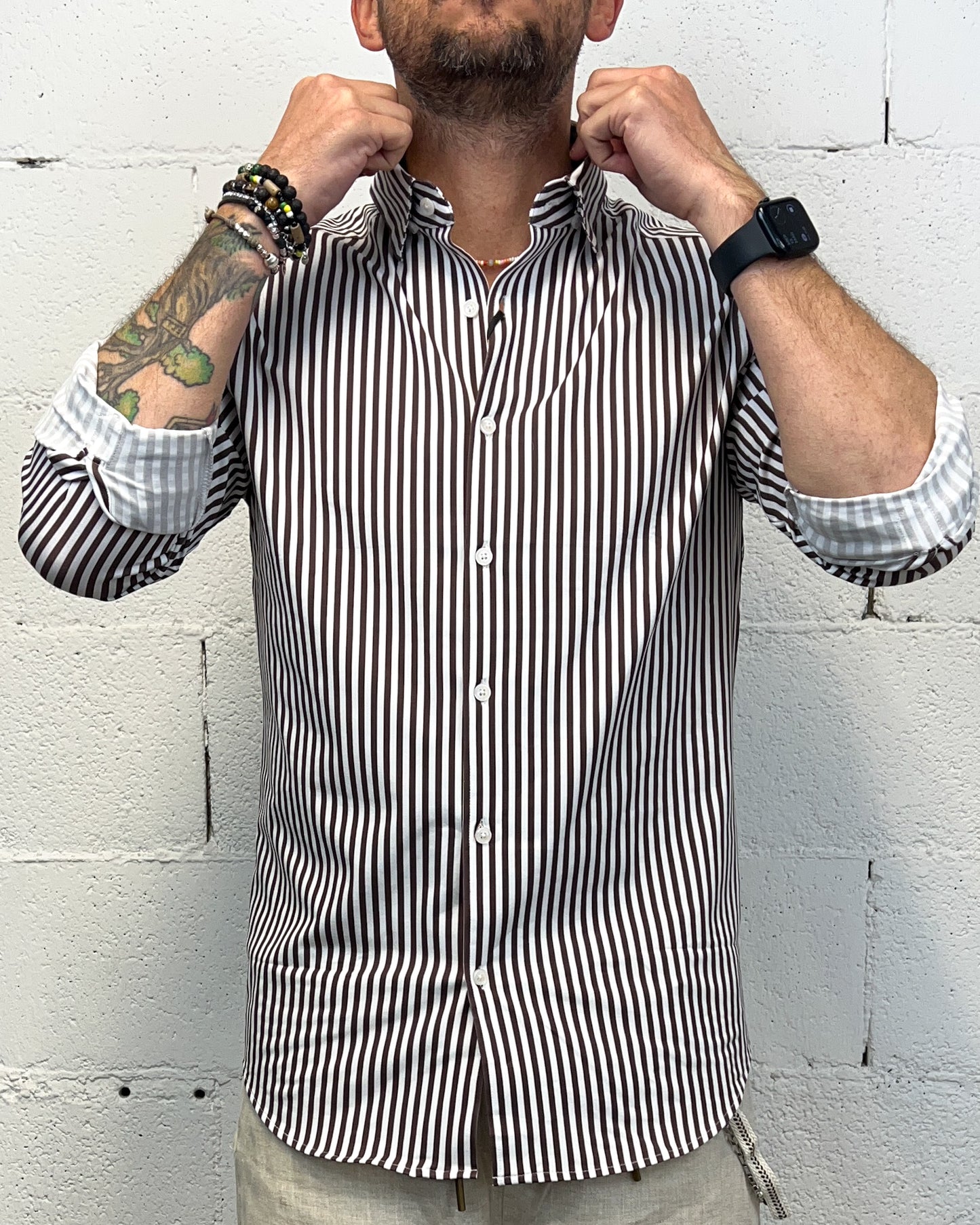 Camicia Cotone Elasticizzato GIANNI LUPO Rigata Coffee
