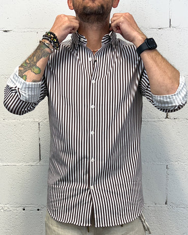 Camicia Cotone Elasticizzato GIANNI LUPO Rigata Coffee