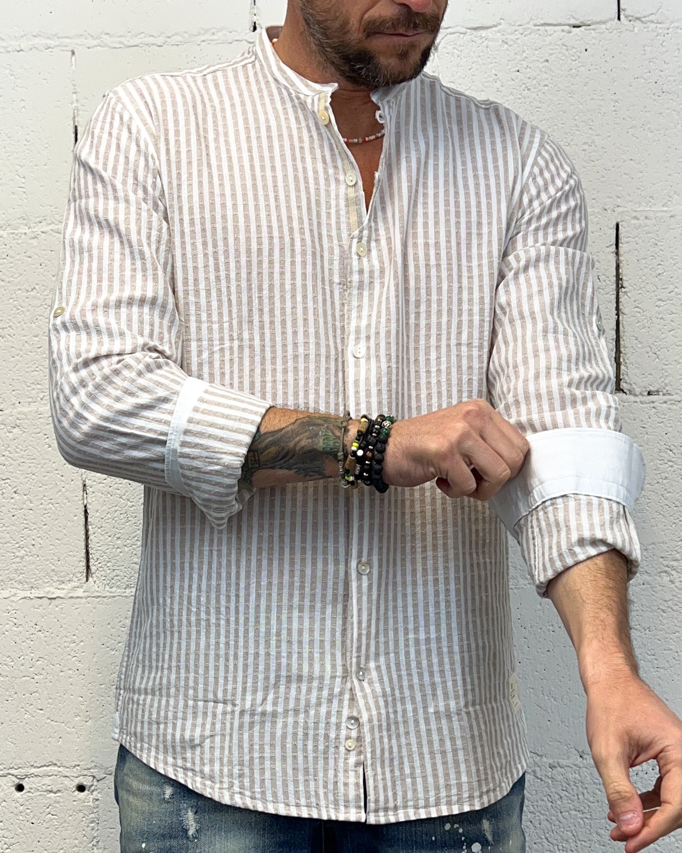 Camicia Cotone/Lino Coreana OVER-D Riga Beige