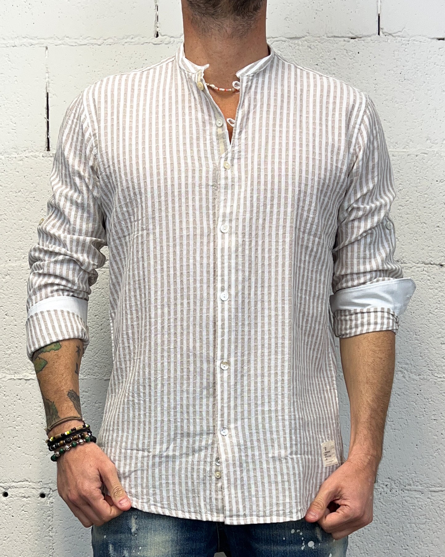 Camicia Cotone/Lino Coreana OVER-D Riga Beige