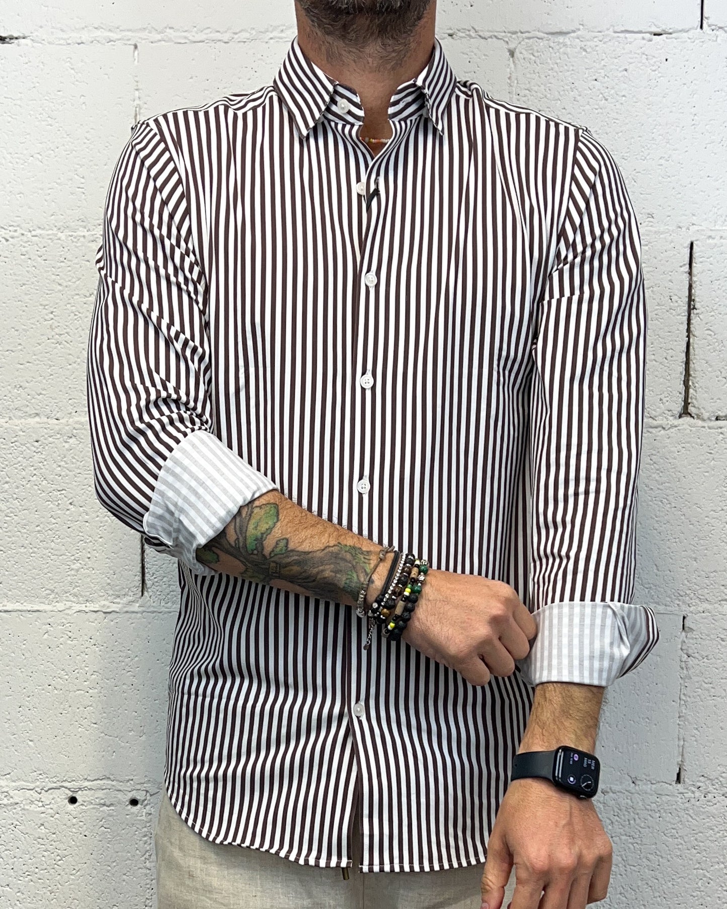 Camicia Cotone Elasticizzato GIANNI LUPO Rigata Coffee