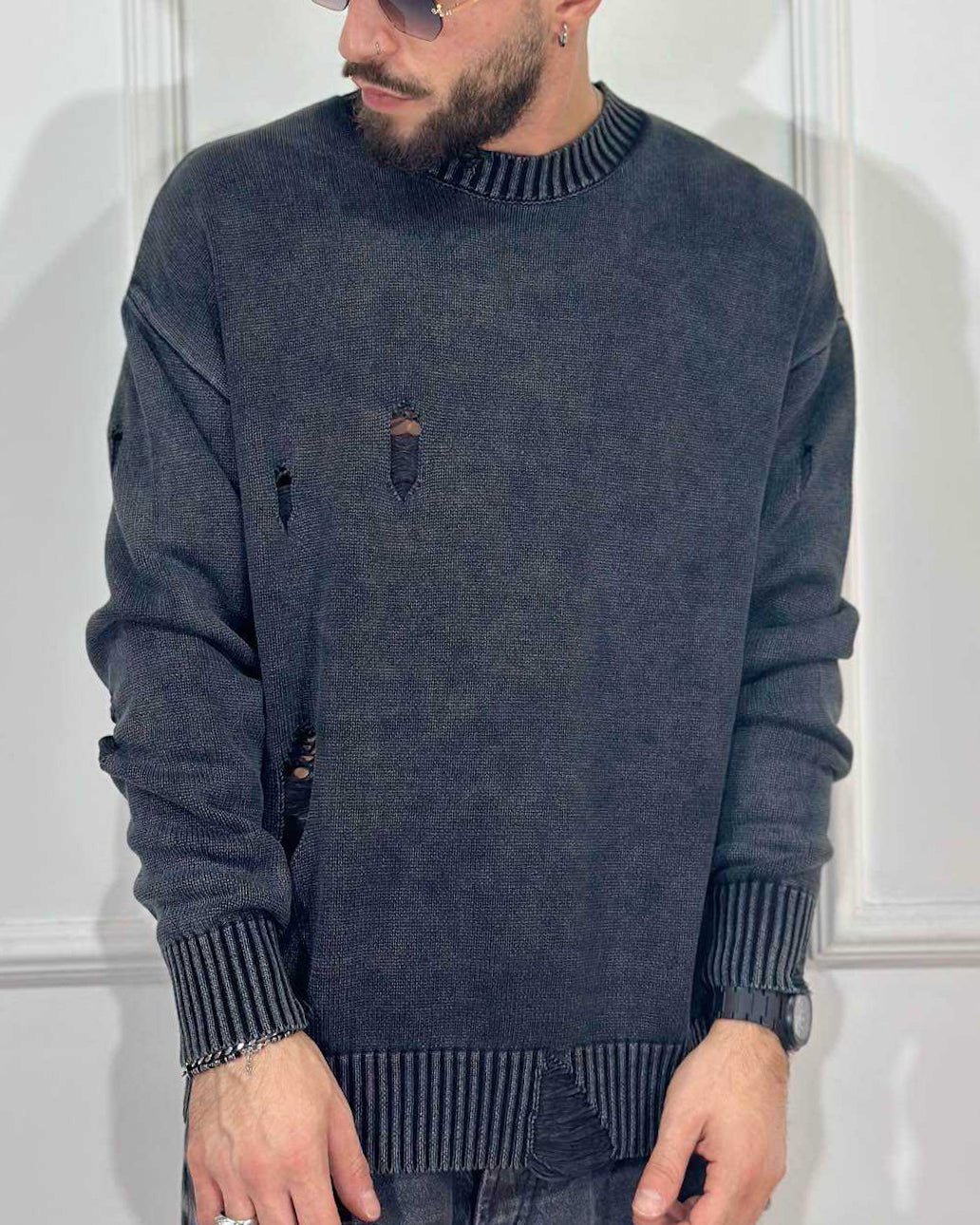 Maglione Crop con Rotture QYB Grigio Fumo