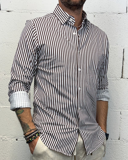 Camicia Cotone Elasticizzato GIANNI LUPO Rigata Coffee