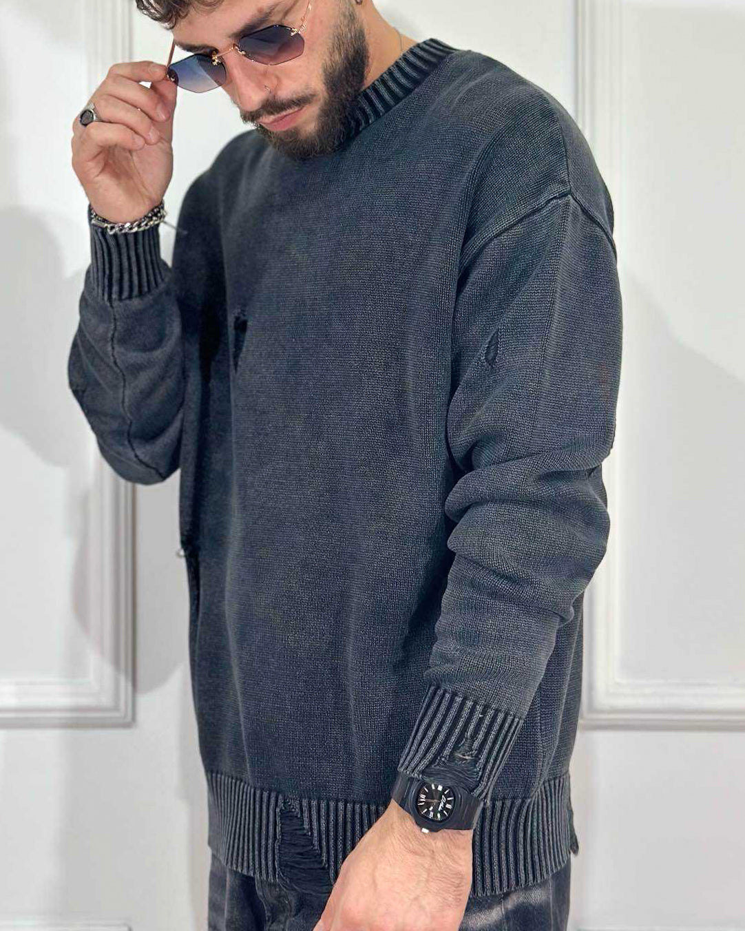 Maglione Crop con Rotture QYB Grigio Fumo