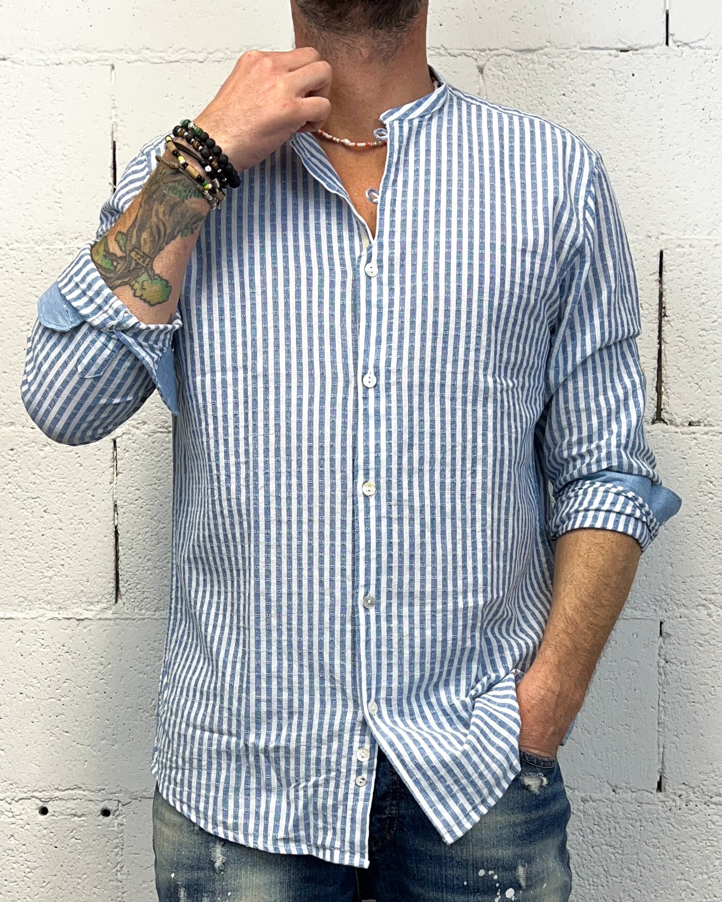 Camicia Cotone/Lino Coreana OVER-D Riga Blu