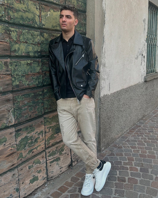 OUTFIT 3 - Jeans Tapared Over-D/ Polo filo nera Gianni Lupo / Chiodo Ecopelle Over-D